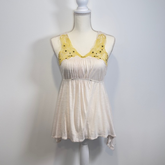 Y2K 2000s Free People Yellow Lace Beaded Tank/Tunic Top Size Small - Picture 1 of 9
